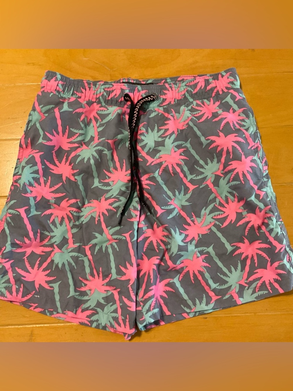Men's Palm Print Swim Board Shorts - Charcoal with Pink & Teal Palms